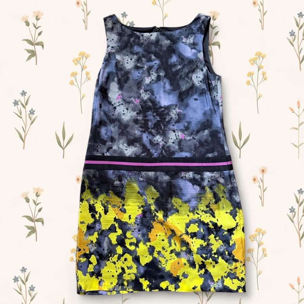 Vintage 100% Silk Abstract Watercolor Boutique Shift Dress Blue Yellow - 10